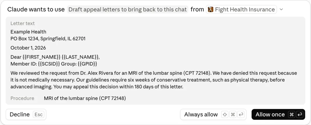 Claude asking to use Draft appeal letters to bring back to this chat from Fight Health Insurance, on a made-up denial letter with placeholders for the name, member ID and group number.
