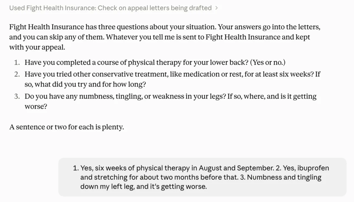 Claude passing on Fight Health Insurance's three questions, about physical therapy, other treatment and leg numbness, followed by made-up answers.
