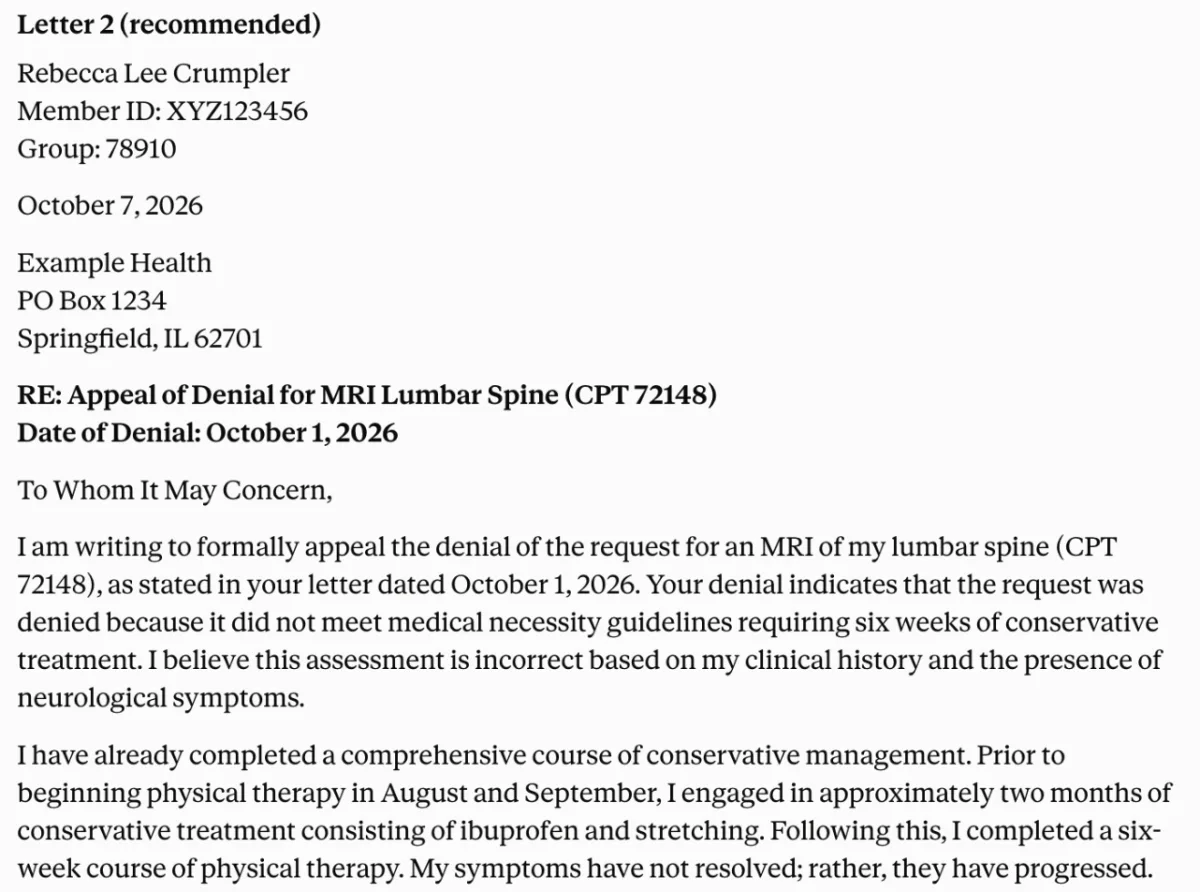 The start of a draft appeal letter in Claude for a made-up patient, Rebecca Lee Crumpler, appealing an MRI denial from Example Health.