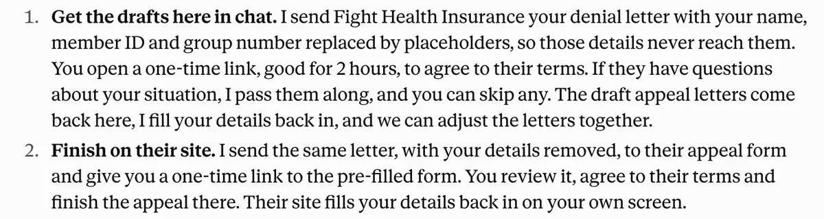 Claude laying out two ways to start an appeal with Fight Health Insurance: get the drafts here in chat, or finish on their site.