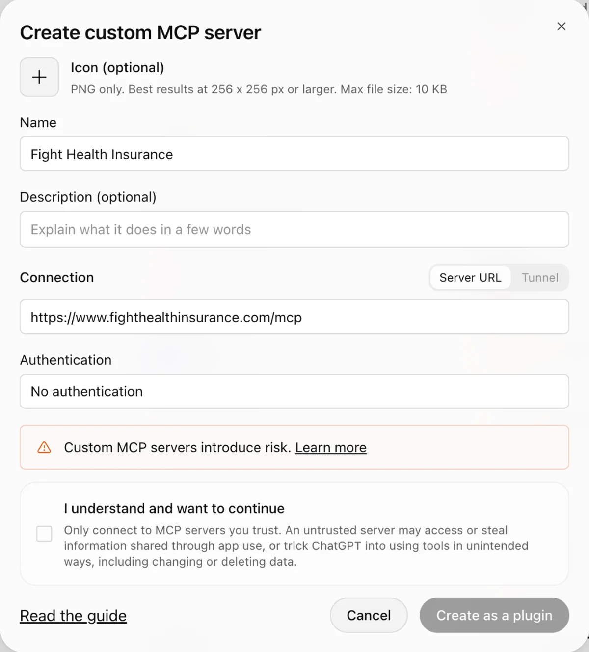 The Create custom MCP server dialog with the name Fight Health Insurance, the server URL and Authentication set to No authentication.