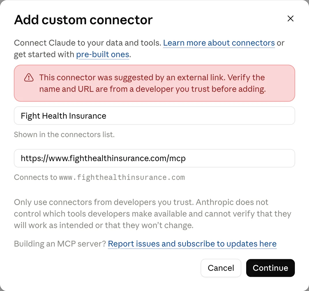 Claude's Add custom connector dialog with Fight Health Insurance and https://www.fighthealthinsurance.com/mcp filled in, under a notice that an external link suggested the connector.