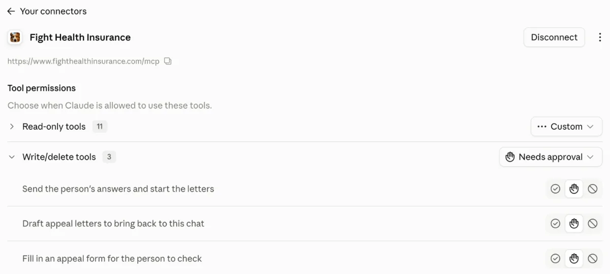 Fight Health Insurance's Tool permissions in Claude: 11 read-only tools, and 3 write/delete tools on Needs approval, named Send the person's answers and start the letters, Draft appeal letters to bring back to this chat, and Fill in an appeal form for the person to check.