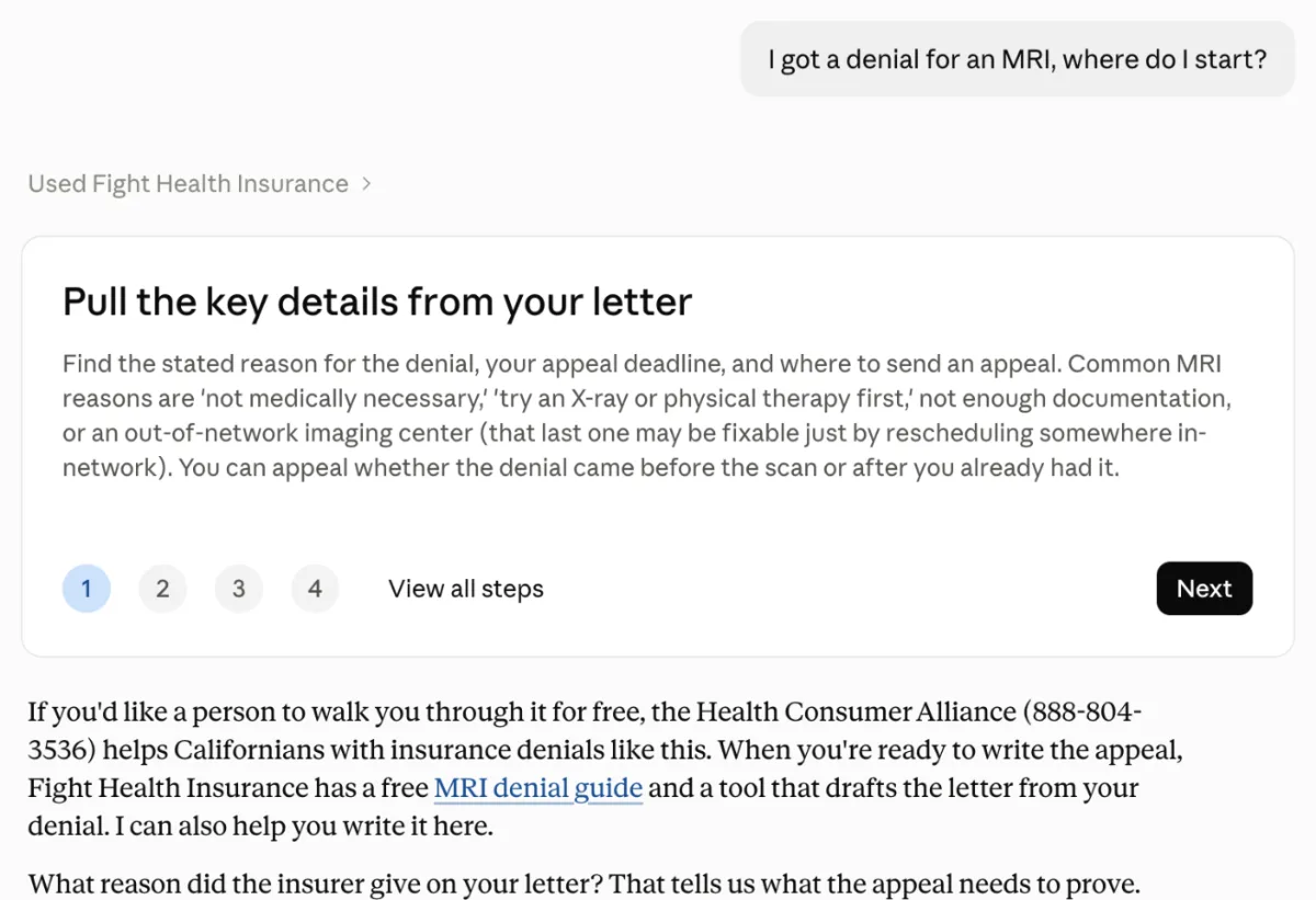 Claude's answer to "I got a denial for an MRI, where do I start?", marked Used Fight Health Insurance, with a first step, Pull the key details from your letter, and a link to Fight Health Insurance's MRI denial guide.